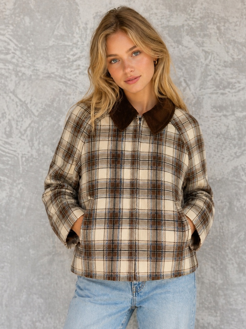 Christian Lacroix Plaid Cropped Jacket Brown Cream Velvet Collar Women Size 6